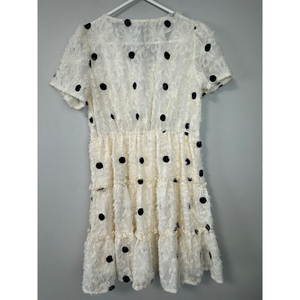 NWT Polka Dot Eyelash Fringe Cream Tiered Dress V-Neck Puff Sleeve Cream Med 6 8 - Picture 5 of 16